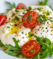 Burrata garnished with rocket salad