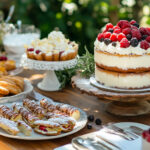 Pastries, and cakes topped with berries outdoors