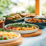 Catering setup with fresh spaghetti and pasta on wooden platters