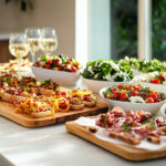 Spread of pepperoni, cheese bruschetta, and wine on wooden trays