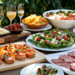 Outdoor catering display with cold meats, bruschetta, and wine on wooden platters