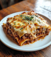 Plate of lasagne garnished with fresh coriander