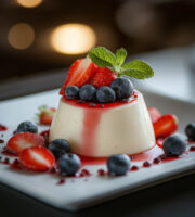 Plate of panna cotta drizzled in fresh strawberry sauce