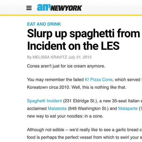 Screenshot of an article on the am New York site about Spaghetti Incident
