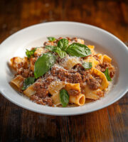 Ragu garnished with basil and parmesan cheese