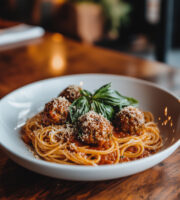 Spaghetti meatballs garnished with fresh parmesan cheese and basil